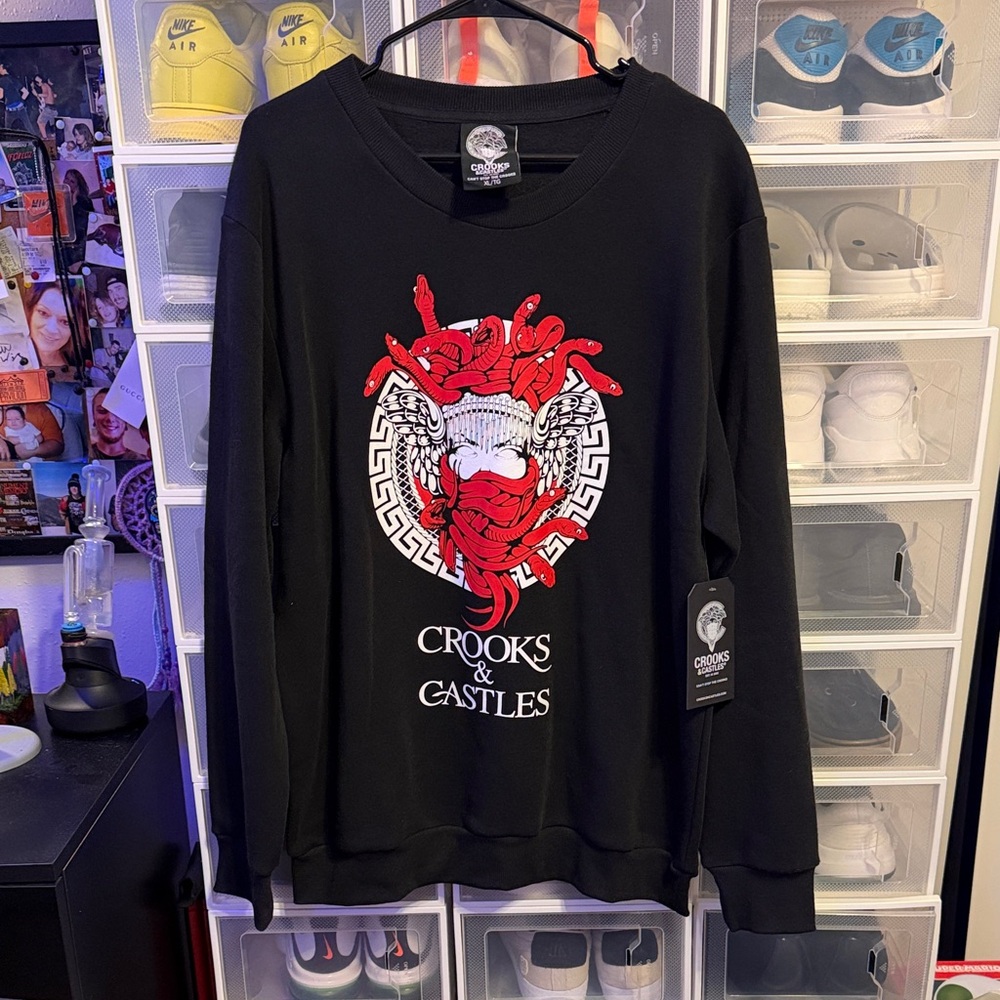 Crooks & Castles Black Crewneck with Red Medusa Graphic